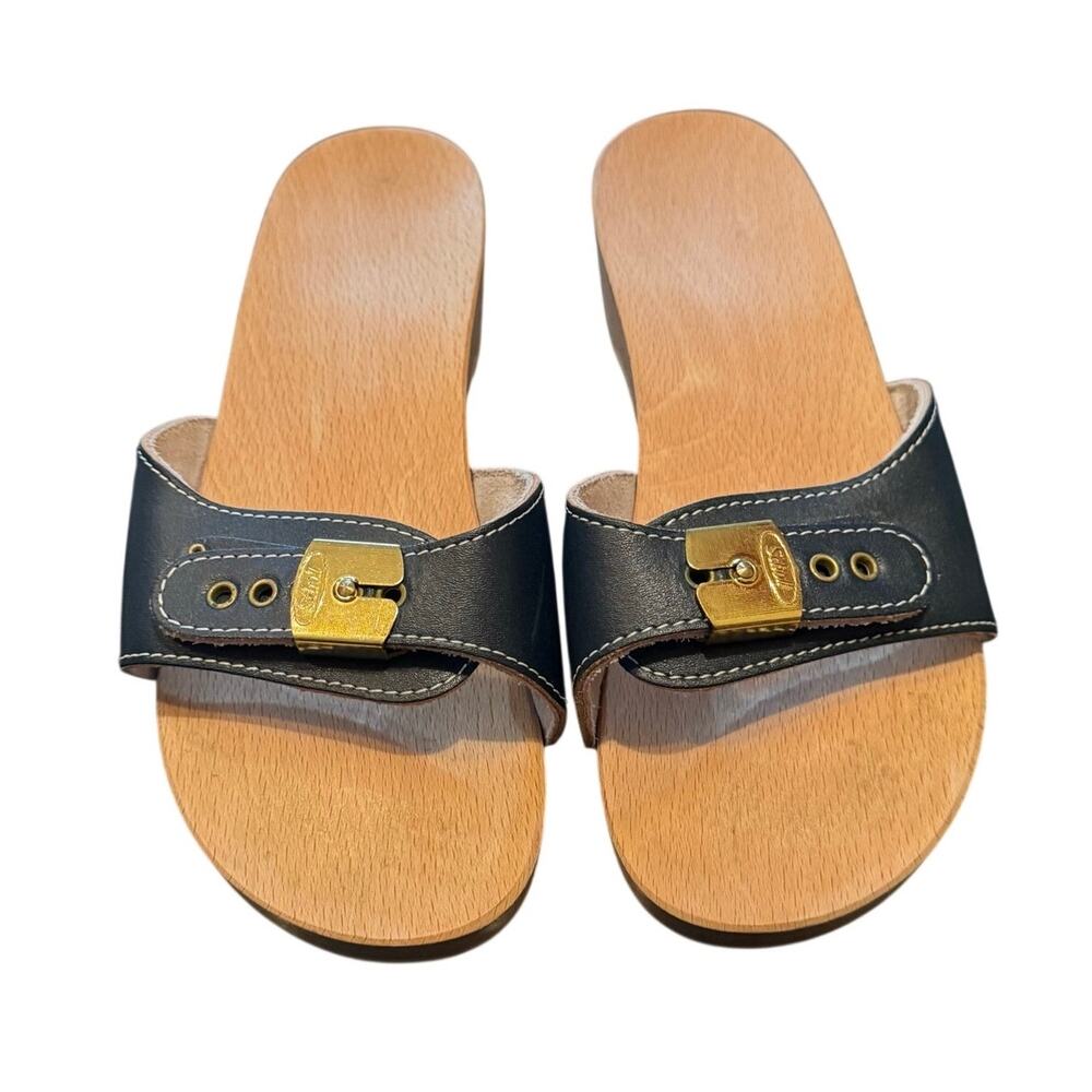 Vintage Dr Scholls Wooden Exercise Sandals Navy Blue Leather Slide Strap Size 5